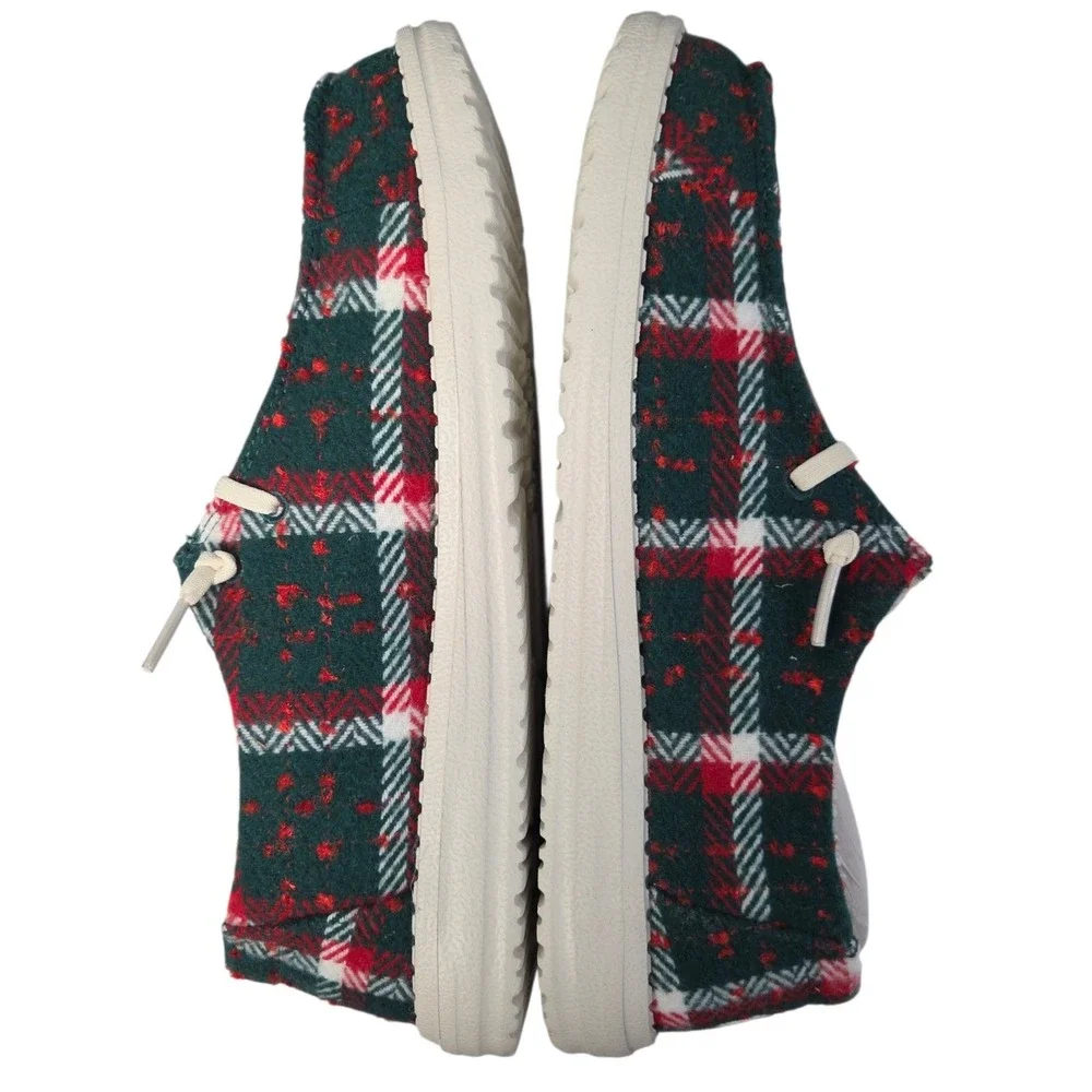 Hey Dude Wendy Plaid Loafers Womens 9 Red Green Cozy Christmas Slip On Shoes New